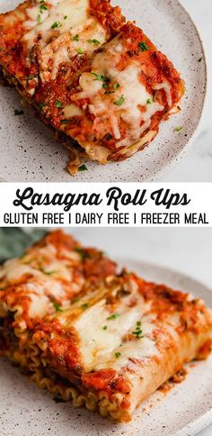 three different views of lasagna rolls on a plate