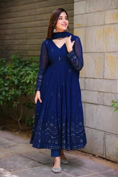 Long Anarkali Gown, Anarkali Designs, Blue Anarkali, Long Anarkali, Long Gown Design, Simple Frocks, Designer Anarkali