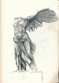 a pencil drawing of an angel standing on a pedestal