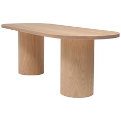 an oval wooden table with two legs and a curved design on the top, against a white background