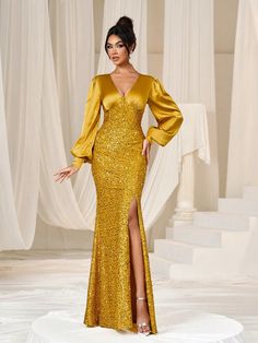 Deep V-Neck Mermaid Hem Sequin Formal Party Dress Woman Formal Ball Gown Yellow   Long Sleeve Sequins Colorblock,Plain,All Over Print Bodycon Slight Stretch All,Fall/Winter Weddings & Events, size features are:Bust: ,Length: ,Sleeve Length: Formal Ball Gown, 파티 드레스, Dress Woman, Formal Party Dress, Long Sleeve Sequin, Women Formals, Bishop Sleeve, Formal Party, Fall Fashion Trends