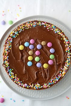 a cake with chocolate frosting and sprinkles