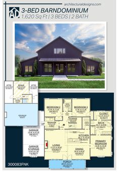 the three bedroom, two bathroom house plan is shown in blue and has an open floor plan