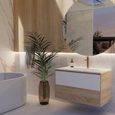 a bathroom with a sink, mirror and potted plant next to the bathtub