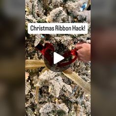 someone is decorating a christmas tree with red and gold ribbon, which reads christmas ribbon hack