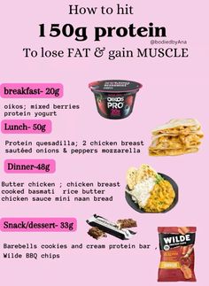 a pink poster with instructions for how to eat protein and gain muscle in less than 15 minutes