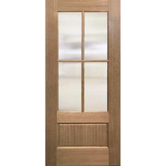 a wooden door with frosted glass on the top and bottom panel, in front of a white background