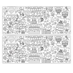 two coloring pages with happy birthday designs on them