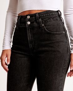 Our Curve Love ankle straight jeans in a black wash, with tonal double waistband detail and a clean hem. This fit features a 11.5” ultra high rise, is fitted at the waist, hips, and thighs, and eases at the knee into a straight leg shape which hits at an ankle length. The viral fit that eliminates waist gap: Curve Love features additional room through the hip and thigh for curve-hugging comfort. This jean is made from our all-day comfort stretch fabric which features built in stretch for superior comfort and fit. Ankle Straight Jeans, Women's Bottoms, Straight Jeans, Ankle Length, Stretch Fabric, Womens Bottoms, Gap, Straight Leg, High Rise