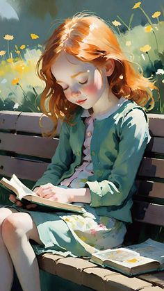 Child Reading A Book, Happy Illustrations, Redhead Art, Acrylic Portrait Painting, Expressionist Painting, Watercolor Painting Techniques, Portrait Sketches, Fairytale Art