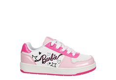 Barbie Little/Big Kid Girls Sneaker Celebrate her joy of living in a Barbie World in the Barbie girls Sneaker. Featuring a faux leather upper with printed & patent leather accents for flair, this lace-up Shoe shows off your little girl s love for the iconic doll. The footbed cushions her steps while the outsole adds bounce to every move she makes. Synthetic upper Lace-up closure  Padded collar  Cushioned footbed Rubber outsole Barbie Sneakers, Barbie Kids, Barbie Shoes, Joy Of Living, Pink Barbie, Leather Accents, Kids Sandals, Shoe Show, Barbie World