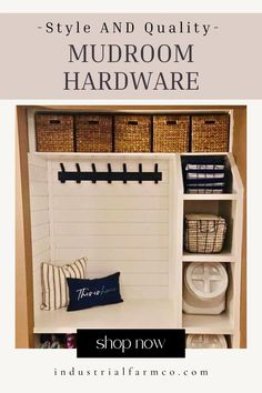 a white mudroom with baskets on it and the words, shop now style and quality