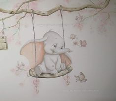 a painting of an elephant on a swing with butterflies around it and a tree branch hanging from the ceiling