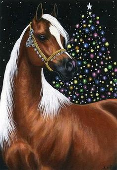 a painting of a brown horse standing in front of a christmas tree