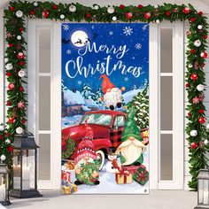 a christmas door cover with santa claus and his truck