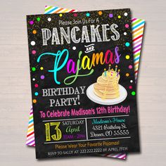 this is a birthday party card for pancakes and pajama's on the chalkboard