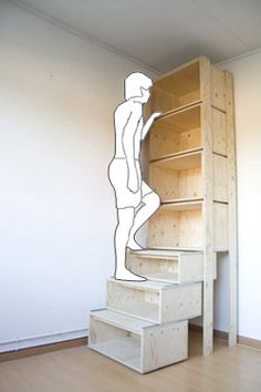 there is a drawing of a man standing on top of a book shelf in the room