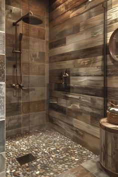 a walk in shower sitting next to a wooden wall with rocks on the floor and walls