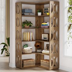 an open bookcase with books and plants on it in the corner of a room