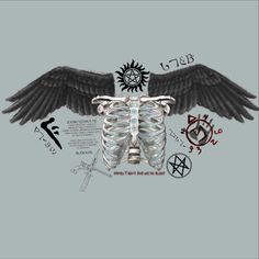 an image of a skeleton with wings and symbols on it's backgroun