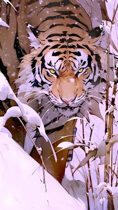 a tiger is walking through the snow covered trees and bushes with his head turned towards the camera