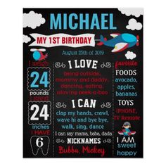 a chalkboard poster with the words'adam first birthday'in red, white and blue