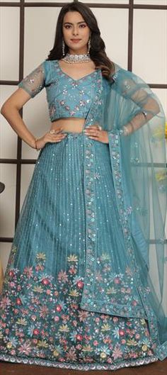 Blue color Lehenga in Net fabric with Embroidered, Sequence, Thread work Blue Color Lehenga, Wedding Blue, Sequence Work, Net Fabric, Wedding Lehenga, Thread Work, Bridal Wedding, Blue Fashion, Lehenga