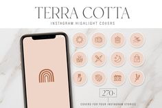 the terra cota instagram highlight covers are shown on a marble background with various icons