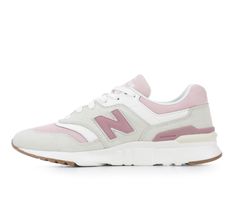 Combination suede, synthetic, and mesh upper with padded collar and fabric lining, Lace-up closure for a custom fit, Approx. 1 1/4 inch lift height, Lightly cushioned insole with fabric lining, Sculpted foam midsole and durable rubber outsole, New Balance® branding details | Women's New Balance W997H Sneakers in Dove/Pink Size 11 Balance Branding, Inspired Aesthetic, New Balance Women, Synthetic Materials, Profile Design, Classic Silhouette, Online Purchase, Timeless Style, Custom Fit