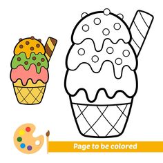 an ice cream sundae and cupcake coloring page to be colored with paintbrushes