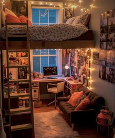 a bedroom with a loft bed, desk and computer on the top bunk is lit up by fairy lights