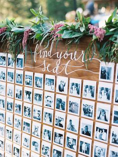 a wooden board with pictures and greenery on it that says find you seat next to the wall