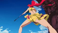 a woman in a yellow dress is flying through the air with a red umbrella over her head