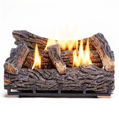 a close up of a fire place with logs on it's sides and flames in the middle