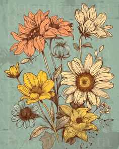 a bunch of flowers that are on a blue background with some brown and yellow ones