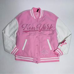 Brand New Pink Nyc City Girl Varsity Jacket All Sizes Hooded Varsity Jacket With Letter Print For Spring, Trendy School Outerwear With Letter Print, Trendy Letter Print Outerwear For School, Pink Hooded Varsity Jacket For Streetwear, Trendy Pink Varsity Jacket For Streetwear, Sporty Pink Outerwear For College, Pink Varsity Winter Outerwear, Pink Varsity Long Sleeve Outerwear, Pink Varsity Outerwear For Winter