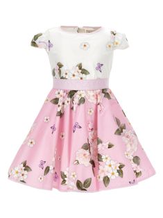 light pink/chalk white cotton A-line all-over floral print crew neck concealed rear zip fastening elasticated logo waistband cap sleeves flared skirt straight hem Kids Pink Dress, Pink Dresses For Kids, Vestidos Color Rosa, Dress With Jean Jacket, Girls Pink Dress, Gucci Kids, Guess Dress, Designer Kids Clothes, Dress For Girls