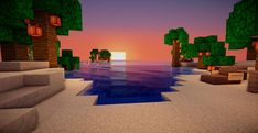 an image of a sunset scene in minecraft with trees and water on the ground