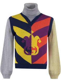 navy blue/multicolour wool colour-block design patterned jacquard lamé effect layered design roll neck detachable collar long sleeves straight hem Lame Fabric, Gucci Logo, Buy Gucci, Jacquard Knit, Sweater Sale, Men's Wardrobe, Emilio Pucci, Denim Pant, Knitted Sweater