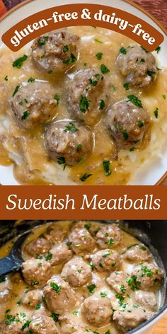 swedish meatballs with gravy in a skillet on the side and an image of