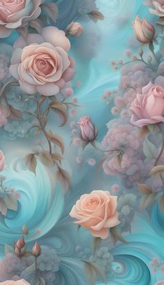 an artistic painting of pink roses and blue waves