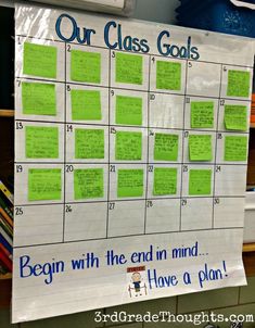 a bulletin board with post it notes on it and the words, our class goals begin with the end in mind have a plan