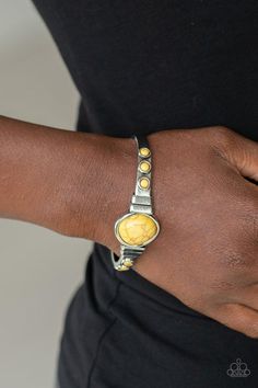 Dotted in dainty yellow stones, a dainty silver cuff attaches to an asymmetrical yellow stone centerpiece for an earthy flair. Sold as one individual bracelet. Bracelets Trendy, Yellow Bracelet, Spirit Guide, Bracelet Online, Yellow Stone, Paparazzi Accessories, Affordable Jewelry, Paparazzi Jewelry, Spirit Guides