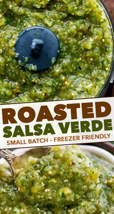 a bowl filled with salsa next to a sign that says roasted salsa verde