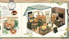 an open book with illustrations of breads and pastries