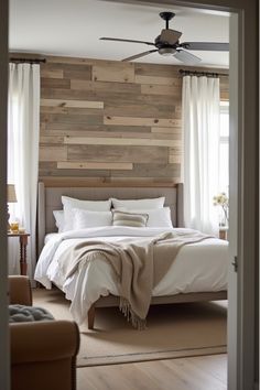 Farmhouse bedroom with reclaimed wood plank accent wall Wood Plank Bedroom Wall, Unique Accent Wall Ideas, Wood Accent Wall Bedroom, Bedroom Accent Wall Ideas, Unique Accent Wall, Brick Wall Bedroom, Bedroom Accent Wall, Reclaimed Wood Accent Wall