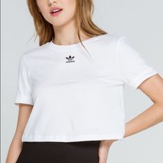 Brand New With Tag Adidas Women Originals Crop Top Roll Up Sleeves Size: Xl - Regular Fit - Ribbed Crewneck - 100% Cotton Single Jersey - Soft Feel - Roll-Up Sleeves - Cropped Length - Imported - Product Color: White Adidas Trendy Fitted Tops, Trendy Fitted Adidas Tops, Trendy White Adidas Tops, Trendy Adidas Stretch Tops, Adidas Trendy Stretch Tops, Adidas Tops For Summer, Basic White Adidas Tops, White Stretch Adidas Tops, Trendy Stretch Adidas Tops