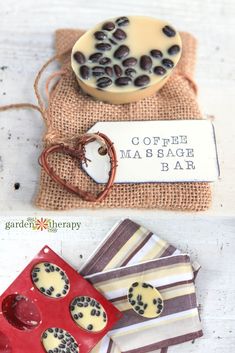 two small plates with chocolates in them on top of a cloth bag next to a spoon