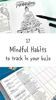 a notebook with the title 17 mindful habitts to track in your bujo