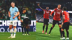 several soccer players are on the field during a game and one is holding his hand up